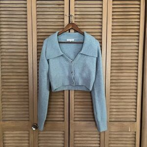 Wide Collar Cropped Cardigan - Light Blue